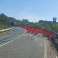 Nezgoda kod Gornjeg Milanovca: prevrnuo se šleper, više od 500 gajbi završilo na kolovozu