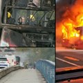 Brankov most bio zatvoren duže od sat vremena, haos u saobraćaju u celom gradu: Goreo autobus nasred mosta FOTO VIDEO