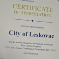 Sertifikat zahvalnosti za uspešnu prekograničnu saradnju za Grad Leskovac