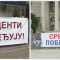 Deljenje nalepnica "Studenti pobeđuju" na dve lokacije u centru Beograda, ispred Skupštine transparent "Srbija pobeđuje"